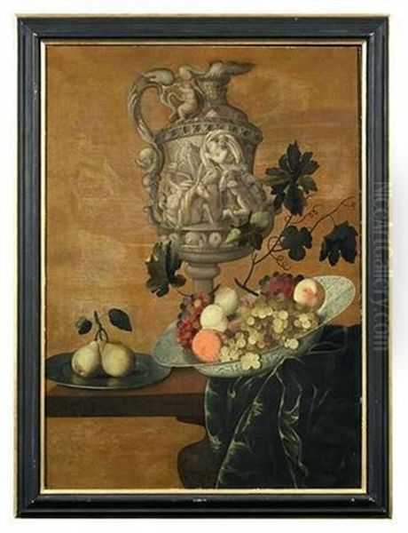 Prunkkanne Mit Figurlichem Reliefdekor Sowie Fayenceschale Und Zinnteller Mit Fruchten Auf Einer Tischplatte Vor Lehmfarbenem Hintergrund Oil Painting by Georg Hainz