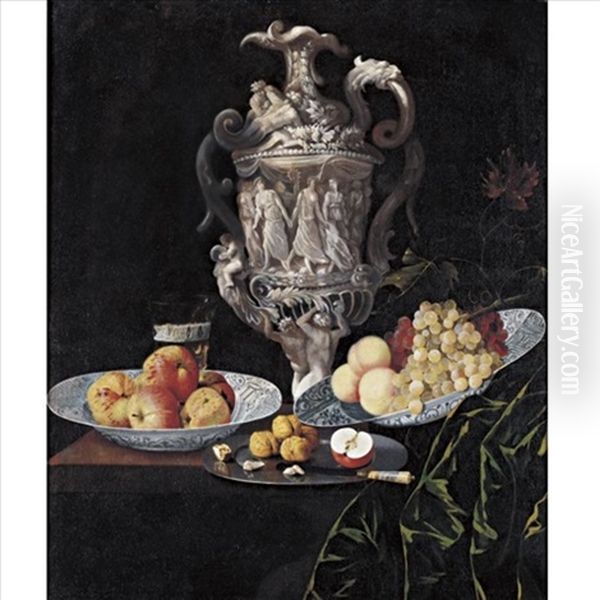 Still Life With An Elaborately Sculpted Urn And Blue And White Porcelain Bowls With Fruit Oil Painting by Georg Hainz