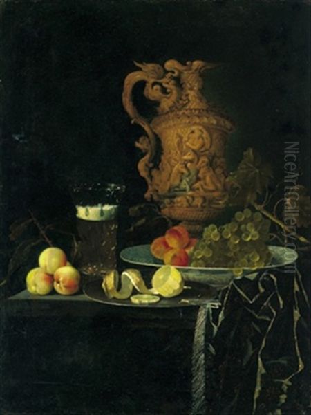 Stillleben Mit Prunkpokal,wan Li-porzellanschale, Zinnteller, Bierglas,weintrauben Und Pfirsichen Oil Painting by Georg Hainz