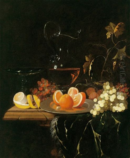 Prunkstilleben Mit Sudfruchten,weintrauben Und Einer Mit Rotwein Gefullten Karaffe Oil Painting by Georg Hainz