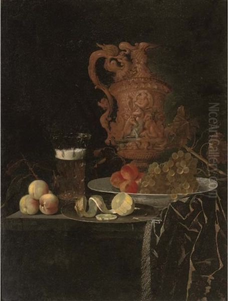 A Gilt Ewer, A Roemer Of Beer, Peaches, A Partly-peeled Lemon On A Pewter Tray, And Grapes And Peaches In A Porcelain Dish On A Partly-draped Table Oil Painting by Georg Hainz