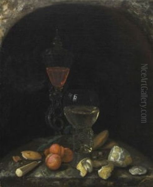 Stillleben Mit Glaspokal, Weinromer, Aprikosen, Zitrone Und Geback Oil Painting by Georg Hainz