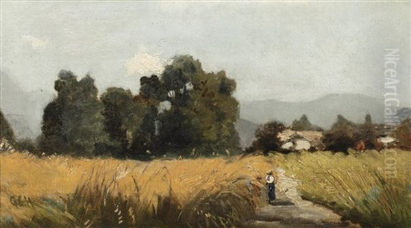 Landscape With Cottages And Figure On A Path Oil Painting by George Charles Haite