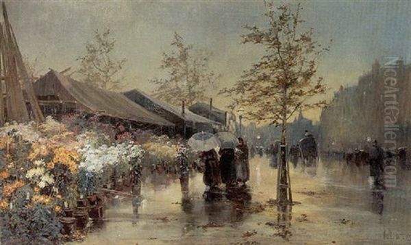 A Flower Market In Wet Weather by George Charles Haite