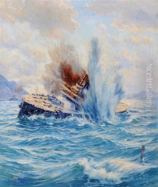 Ship On Storm Oil Painting by Bahriyeli Ismail Hakki