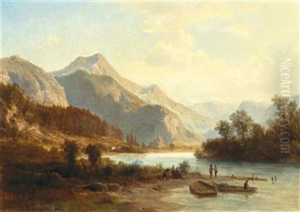 Scene From The Lower Inntal (tyrol) Oil Painting by Ludwig Georg Eduard Halauska