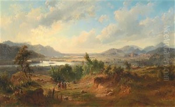 Open River Landscape With Decorative Figures In The Foreground Oil Painting by Ludwig Georg Eduard Halauska