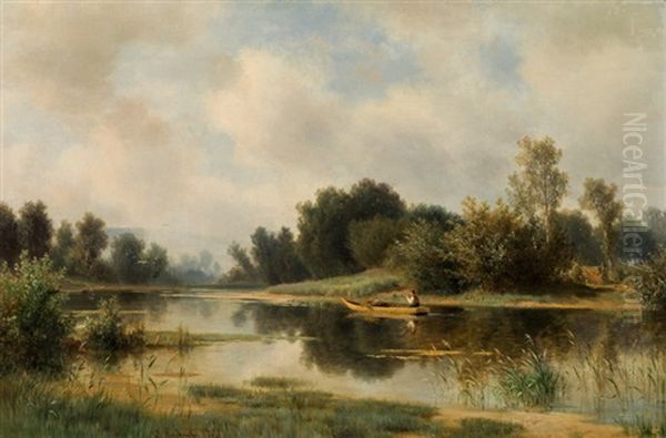 River Landscape With Fishing Boat Oil Painting by Ludwig Georg Eduard Halauska