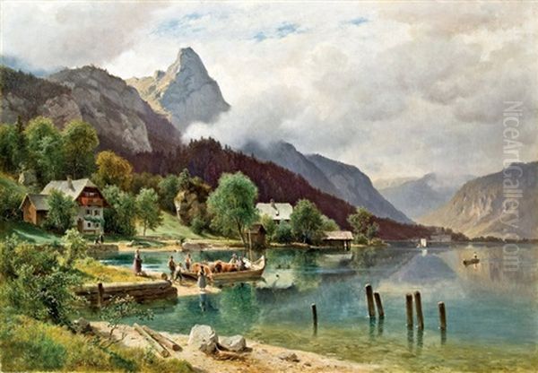 Weissenbach Near Attersee With View Of The Schoberstein Oil Painting by Ludwig Georg Eduard Halauska