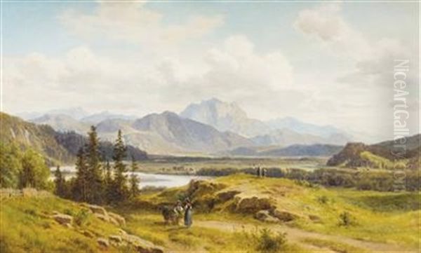 Blick Auf Den Traunstein Oil Painting by Ludwig Georg Eduard Halauska