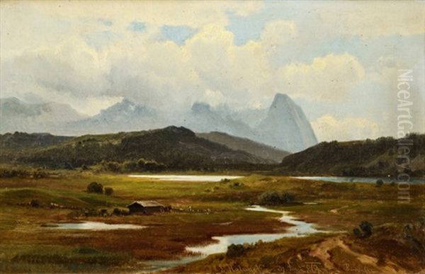 Bayerische Landschaft Am Barmsee Bei Garmisch-partenkirchen Oil Painting by Ludwig Georg Eduard Halauska