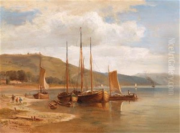 Ships On The Rhine Riverbank At Lorch Oil Painting by Ludwig Georg Eduard Halauska