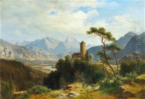 View Of Castle Klamm In The Oberinntal With A View Of The Sulstein Oil Painting by Ludwig Georg Eduard Halauska