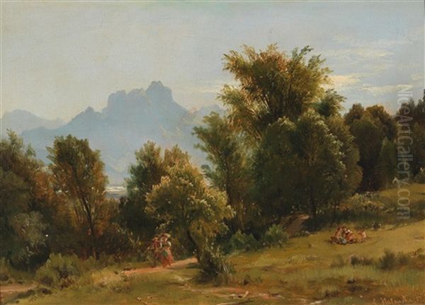 Scene With Trees Near Brannenberg, Bavaria - August Oil Painting by Ludwig Georg Eduard Halauska