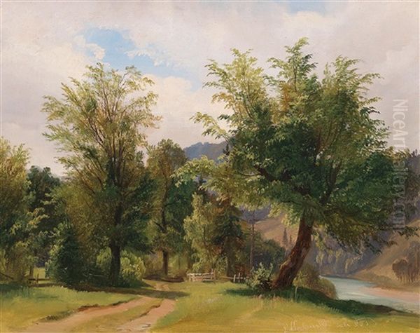 Landscape With River Oil Painting by Ludwig Georg Eduard Halauska