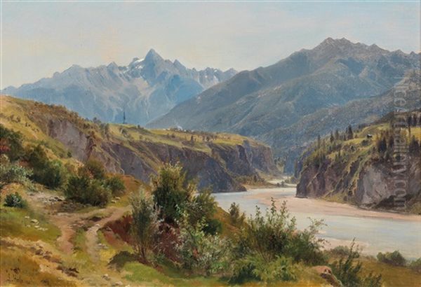 Mountain Landscape With River Oil Painting by Ludwig Georg Eduard Halauska