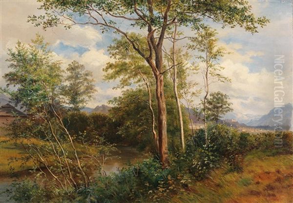 View Of Salzburg In The Background Oil Painting by Ludwig Georg Eduard Halauska