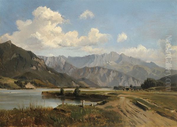 The Wild Kaiser At The Inn River Oil Painting by Ludwig Georg Eduard Halauska