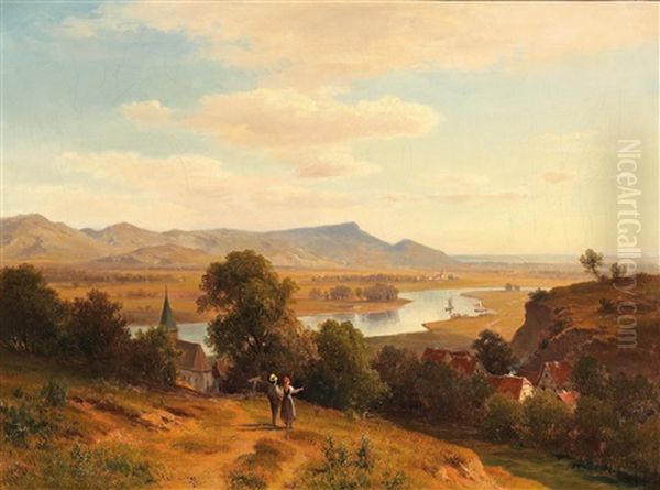 Flusslandschaft Oil Painting by Ludwig Georg Eduard Halauska