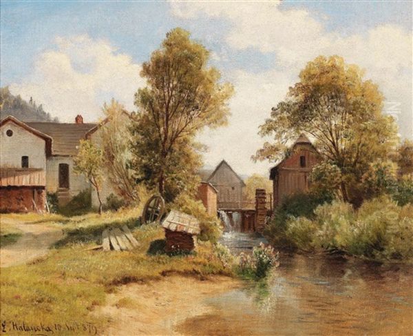 Mill On The Stream Oil Painting by Ludwig Georg Eduard Halauska