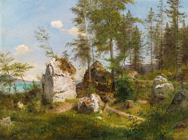 Uferlandschaft Bei Weisenbach Am Attersee Oil Painting by Ludwig Georg Eduard Halauska