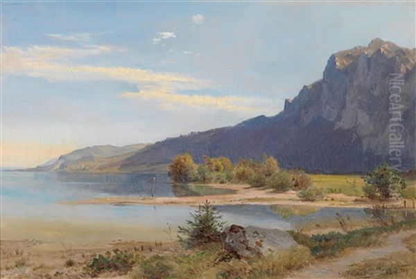 Die Mundung Des Weissenbachs In Den Attersee Oil Painting by Ludwig Georg Eduard Halauska