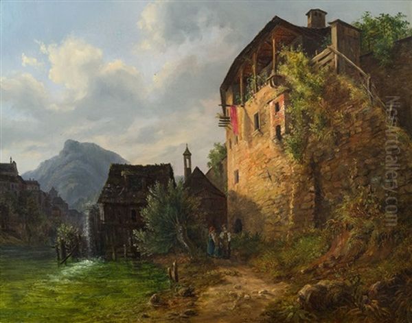 Dorf Am Fluss Oil Painting by Ludwig Georg Eduard Halauska