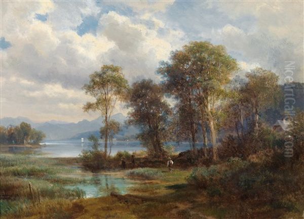 Motiv Vom Attersee (ober Oesterreich) Oil Painting by Ludwig Georg Eduard Halauska