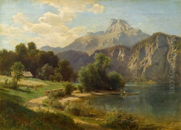 Schafberg Und Kienbergwand Am Mondsee Oil Painting by Ludwig Georg Eduard Halauska