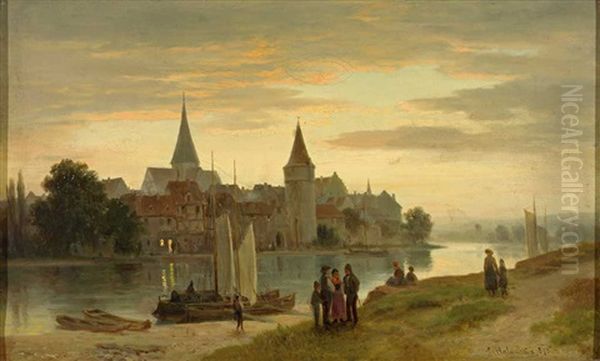 Flusslandschaft Mit Angelegten Booten Und Personenstaffage Vor Mittelalterlicher Stadtsilhouette Oil Painting by Ludwig Georg Eduard Halauska