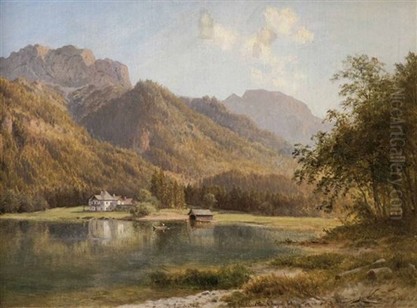 Der Langbathsee Im Salzkammergut Oil Painting by Ludwig Georg Eduard Halauska