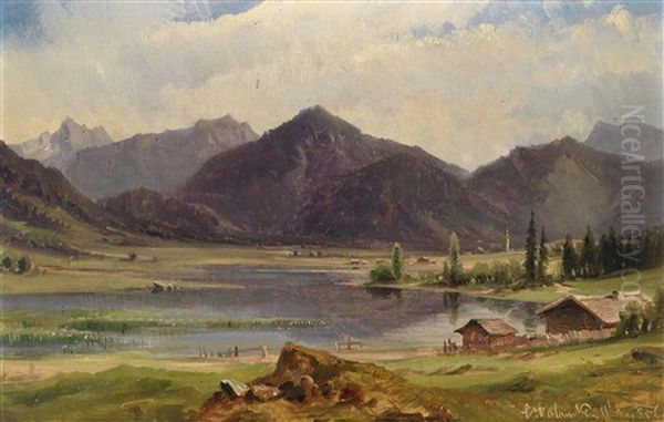 Der Plansee In Tirol Oil Painting by Ludwig Georg Eduard Halauska