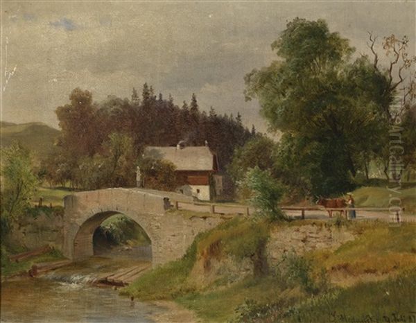 Bauernhaus An Der Steinbruck Oil Painting by Ludwig Georg Eduard Halauska