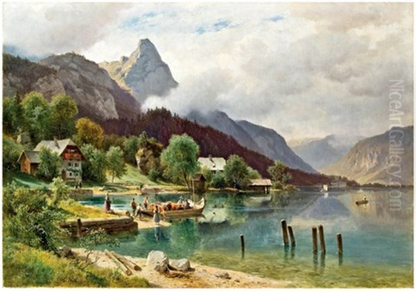 Weissenbach Am Attersee Mit Blick Auf Den Schoberstein Oil Painting by Ludwig Georg Eduard Halauska