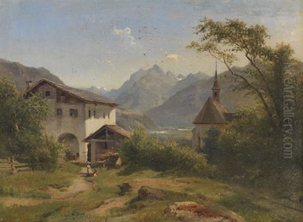 Sommertag Im Oberinntal Mit Bauernhof Und Kapelle Oil Painting by Ludwig Georg Eduard Halauska