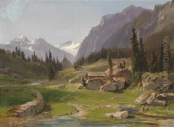 Idyllische Gebirgslandschaft Oil Painting by Ludwig Georg Eduard Halauska