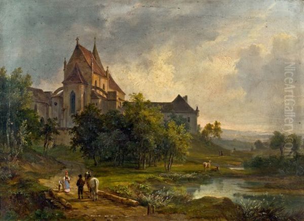 Romantische Landschaft Mit Kirche Am Fluss Oil Painting by Ludwig Georg Eduard Halauska