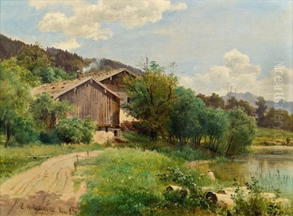 Bauernhof Am See Oil Painting by Ludwig Georg Eduard Halauska