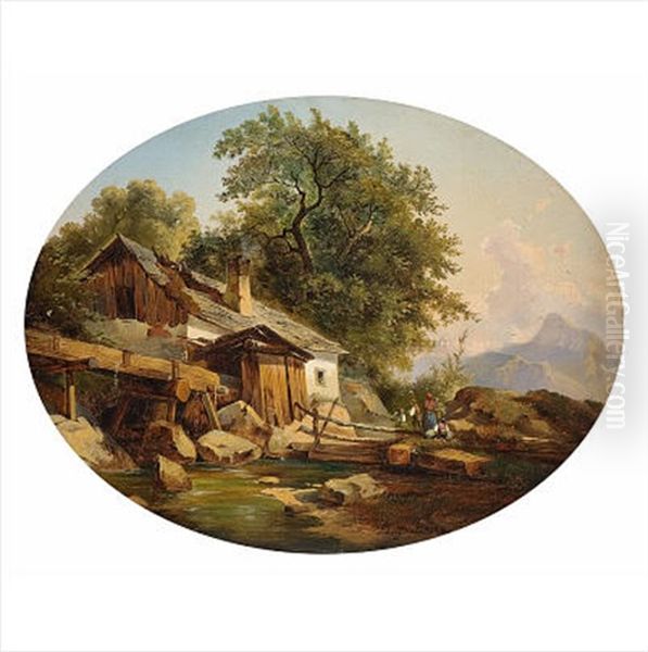 Alpine Idylle Oil Painting by Ludwig Georg Eduard Halauska