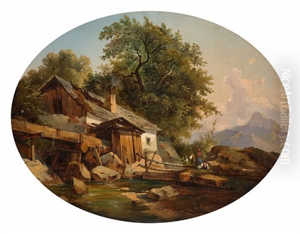 Alpine Idyll Oil Painting by Ludwig Georg Eduard Halauska