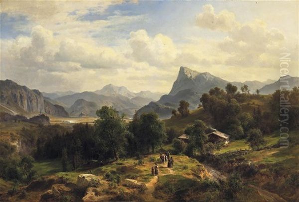 Groses Alpenpanorama Mit Blick Von Maienfeld In Graubunden Richtung Liechtenstein Oil Painting by Ludwig Georg Eduard Halauska