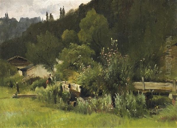 Wassermuhle Am Rande Des Waldes Oil Painting by Ludwig Georg Eduard Halauska