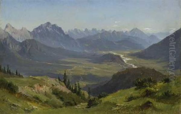 Blick In Ein Weites Gebirgstal Oil Painting by Ludwig Georg Eduard Halauska