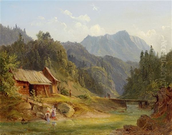 Motiv Aus Dem Ybbstal Oil Painting by Ludwig Georg Eduard Halauska