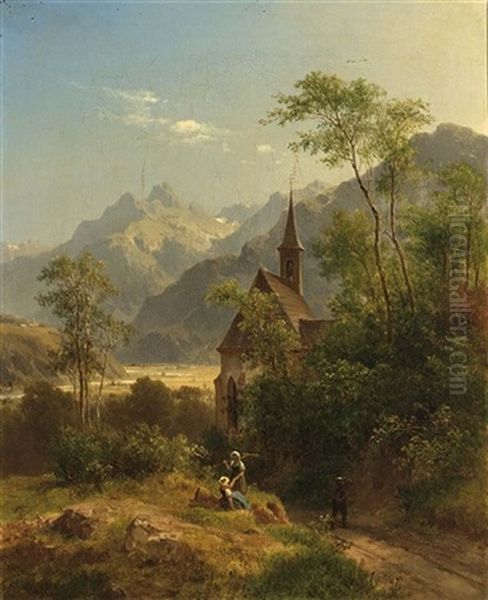 Peasants In An Alpine Landscape Near A Church Oil Painting by Ludwig Georg Eduard Halauska