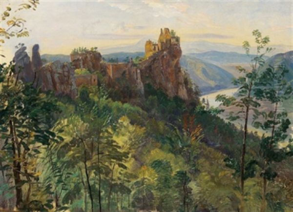 Blick Auf Die Ruine Aggstein Oil Painting by Ludwig Georg Eduard Halauska