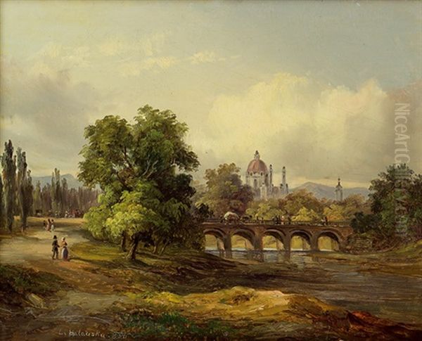 Karlskirche Mit Der Alten Elisabethbrucke Uber Den Wienfluss Oil Painting by Ludwig Georg Eduard Halauska