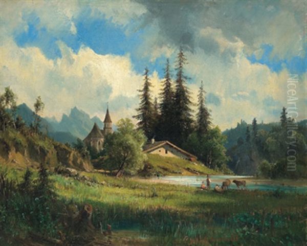 Eine Landschaft In Tirol Oil Painting by Ludwig Georg Eduard Halauska