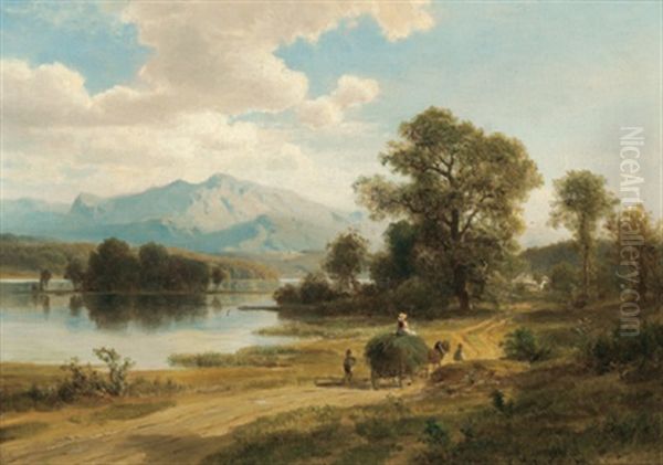 Heuwagen Am Seeufer Oil Painting by Ludwig Georg Eduard Halauska