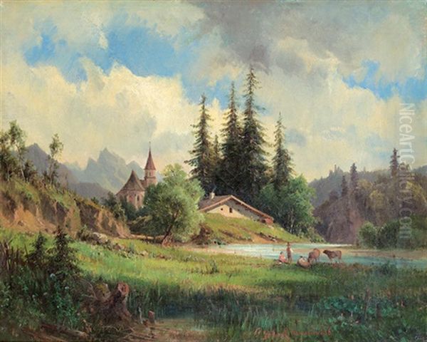 Tiroler Gebirgsfluss Oil Painting by Ludwig Georg Eduard Halauska